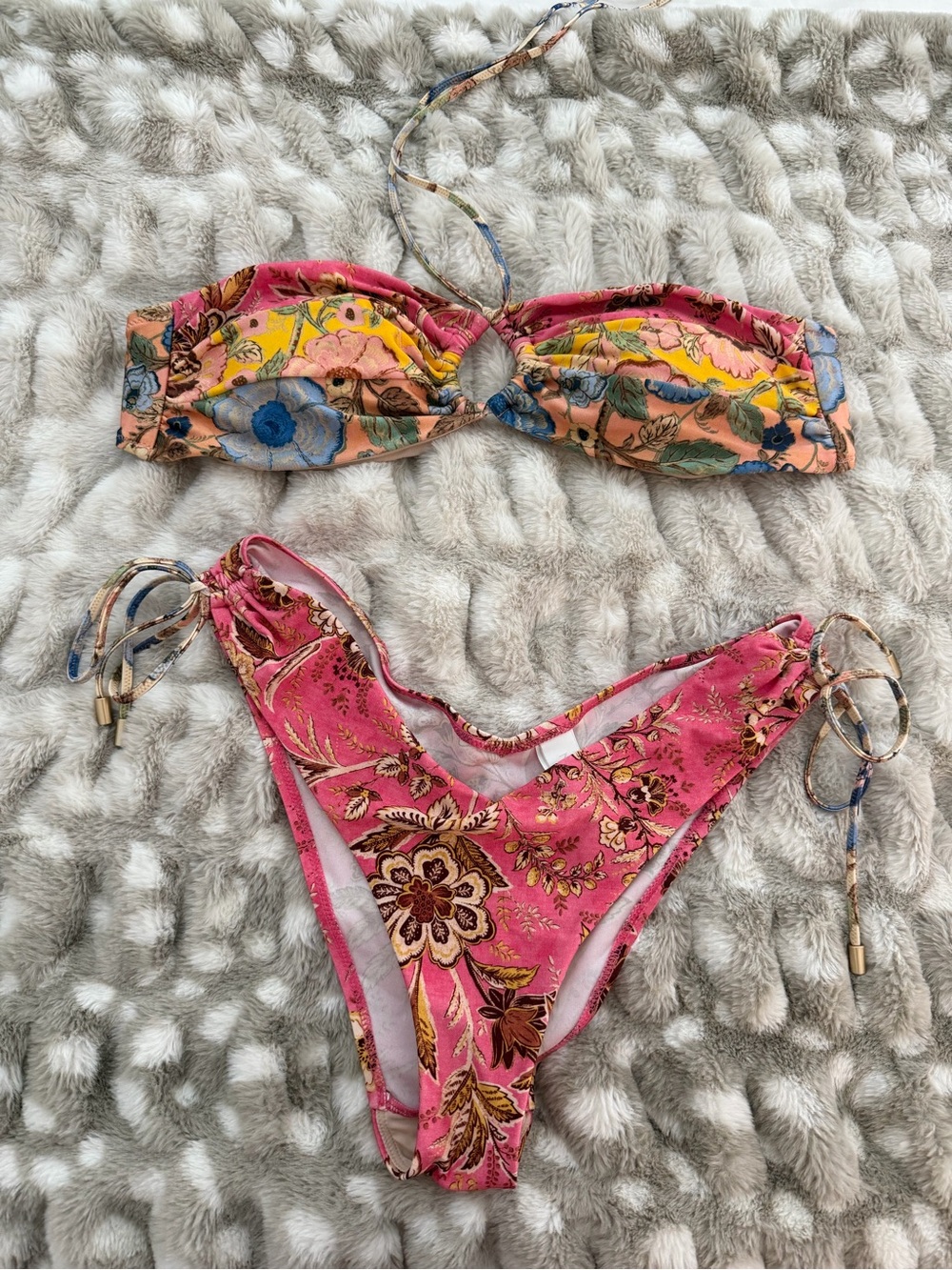 Zimmermann Pink Floral Bandeau & Tie-Side Bikini Set